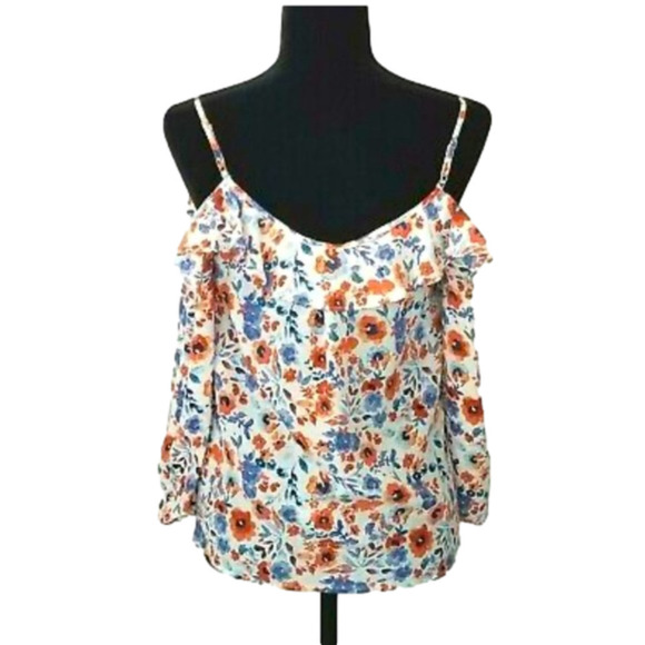 Joie Medium white silk cold shoulder ruffle blouse W/ red & blue florals - Picture 1 of 5